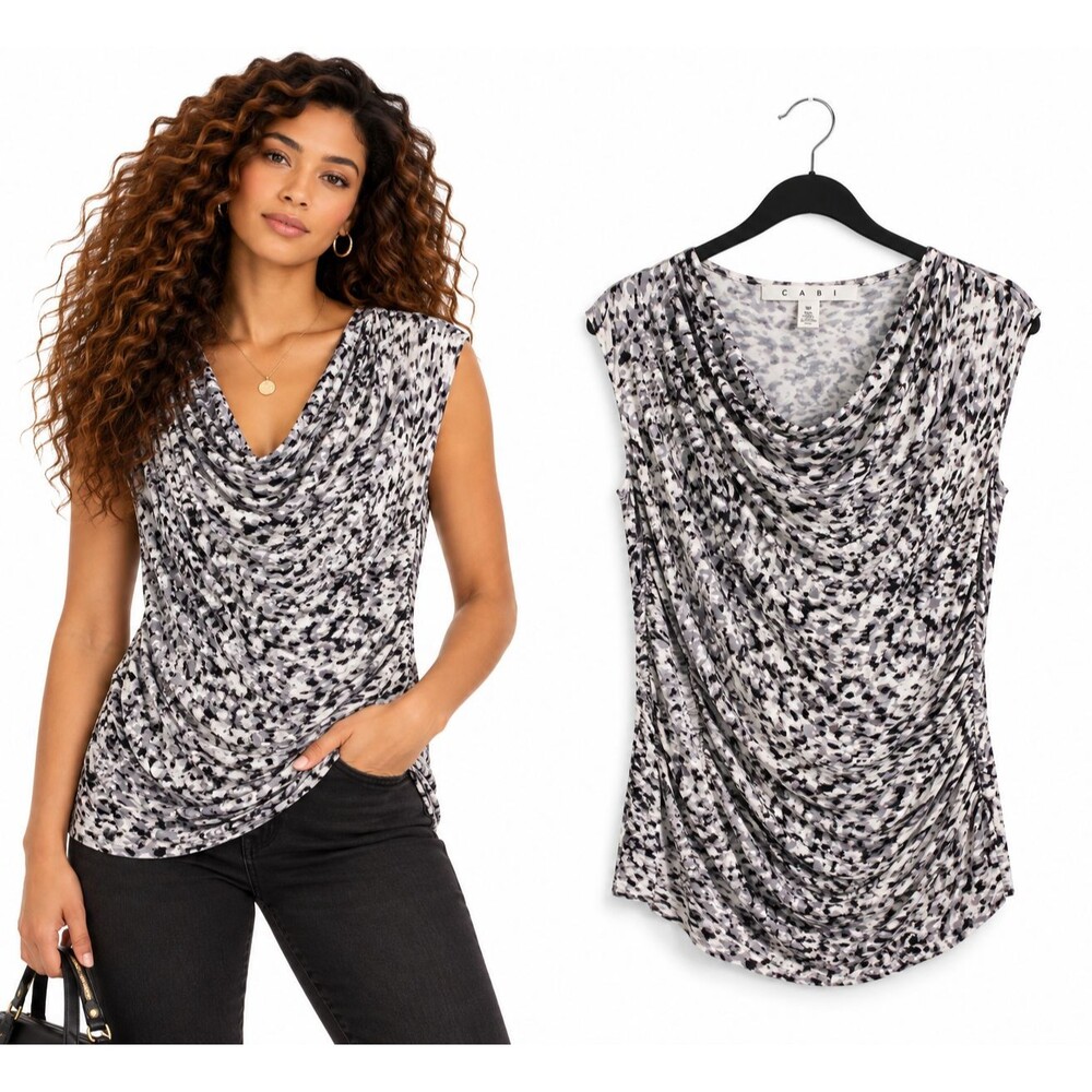 CAbi Style 734 Cowl Neck Ruched Top Tunic Medium Sleeveless Speckle